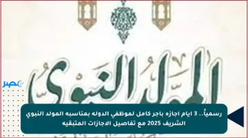 رسمياً.. 3 أيام إجازة بأجر كامل لموظفي الدولة بمناسبة المولد النبوي الشريف 2025 مع تفاصيل الإجازات المتبقية